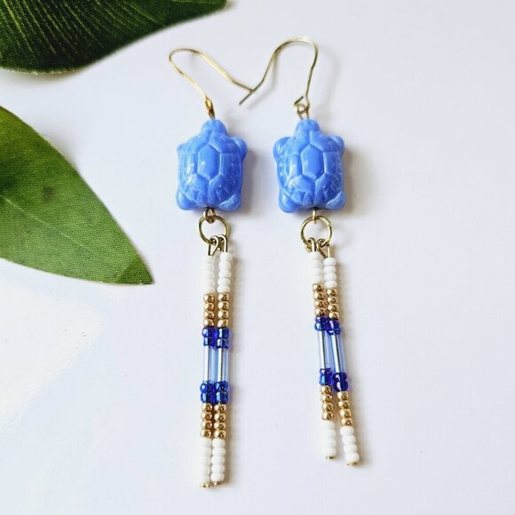 2/$27 | Blue Turtle Beaded Indigenous Native Fringe Earrings | Handmade Jewelry - Picture 3 of 5